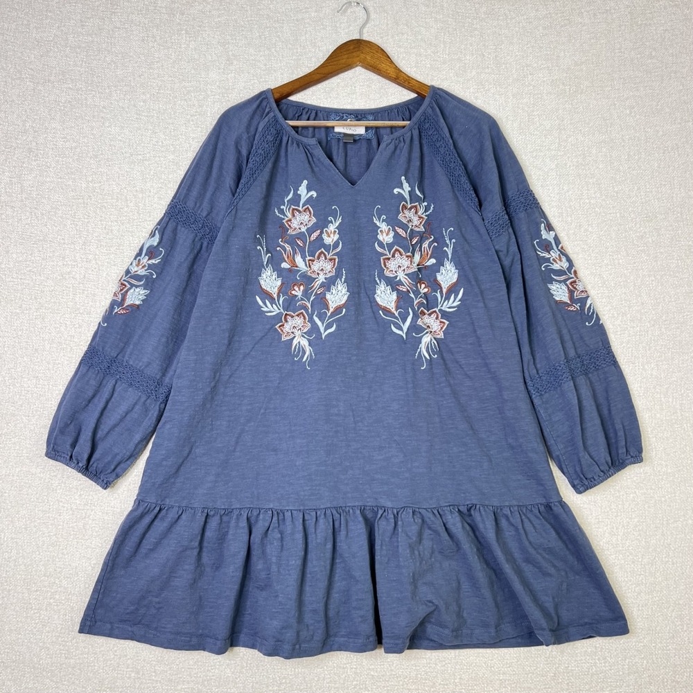 Cupio 100% Cotton Dress Boho Floral Cottagecore Blue Crochet Lace Ruffle Size - Picture 1 of 9